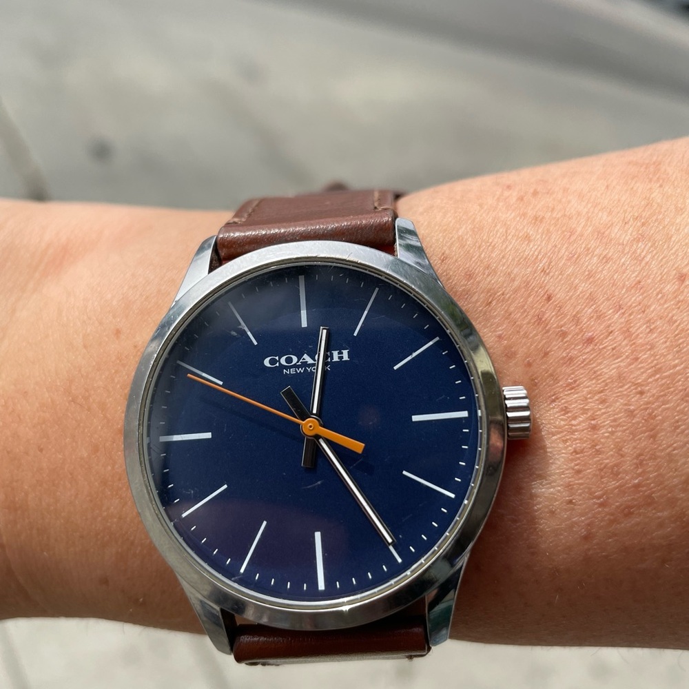Coach Blue Dial Watch with Brown Leather Strap